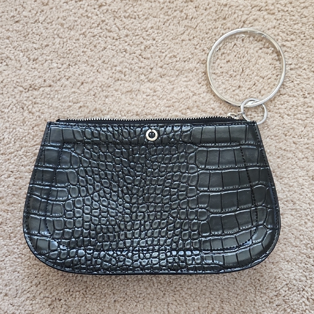 Black Croc-Embossed Wristlet